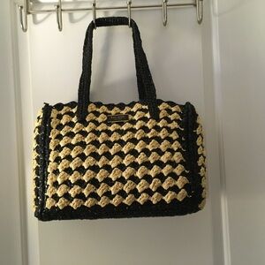 KATE SPADE HIGH TIDE NWOT RAFFIA CROCHET BLACK TAN MEDIUM TOTE